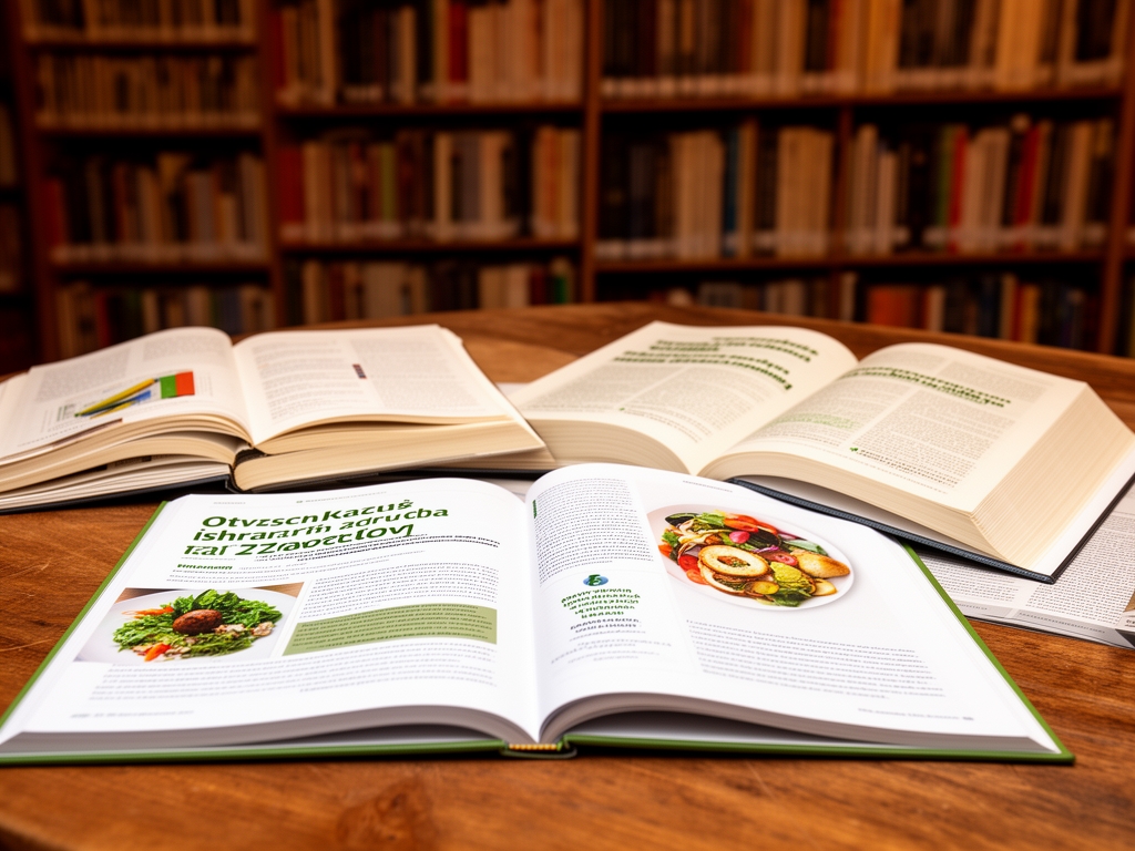 Otvorene naučne knjige i časopisi o ishrani i zdravlju na drvenom stolu u toploj biblioteci, simbolizujući istraživanje i edukaciju